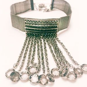 Silver Victorian Chainmail Choker Chain Fringe with Quartz Beads